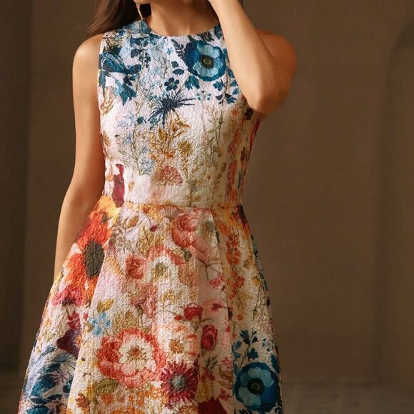 Multicolor Boho Women's Round Neck Floral Waist Fitted A-Line Dress - Picture 4 of 6